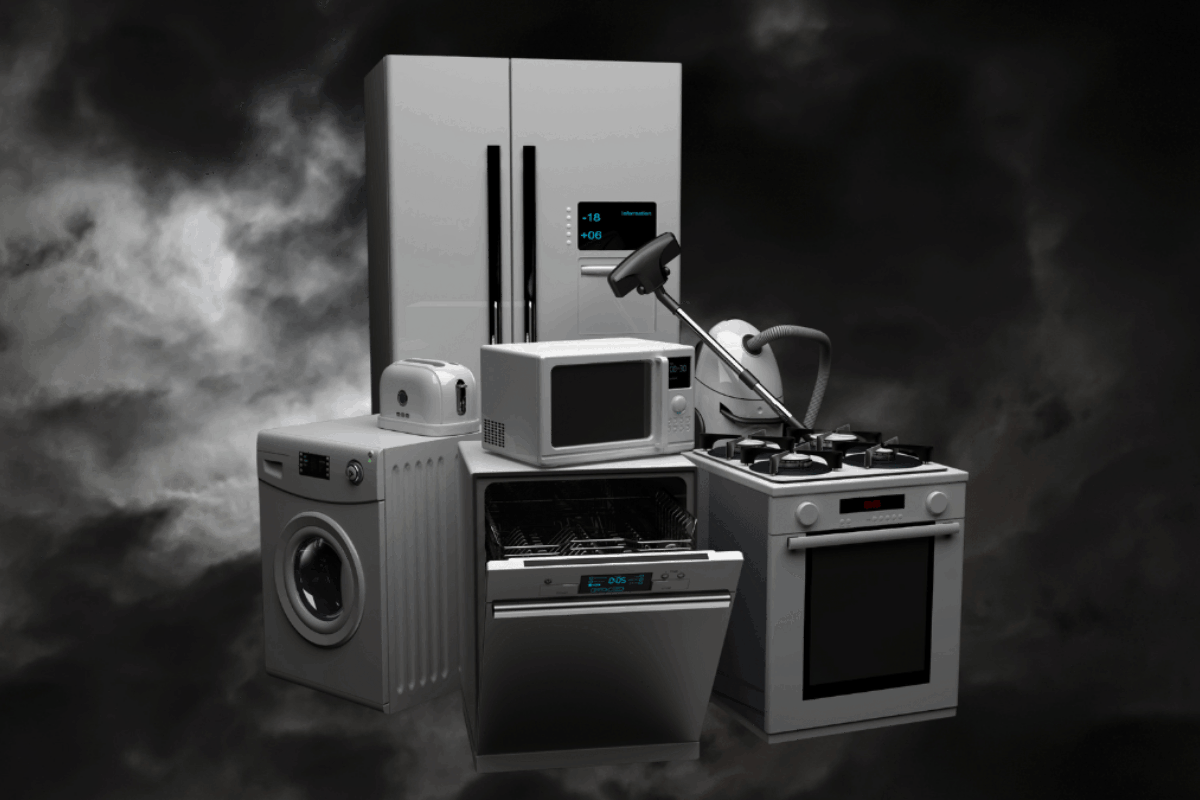 several appliances floating with a spooky, black and white background.