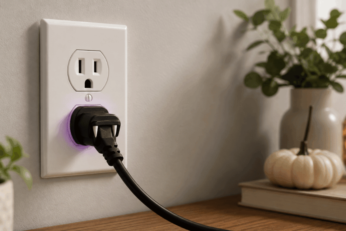 a power outlet with a plug that has vampire fangs on it