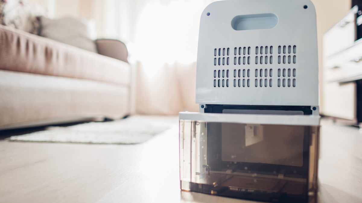 a dehumidifier sitting on the floor in a house with its water reservoir door open.