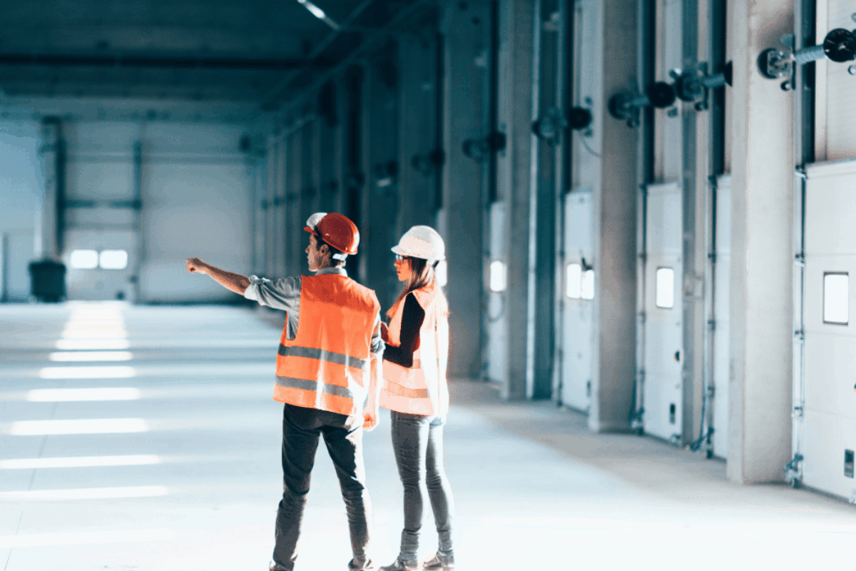 Two individuals discussing potential projects at a business facility