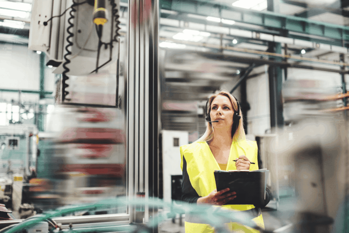 a female in a manufacturing facility inspecting the building and taking notes on ways to improve its energy efficiency.