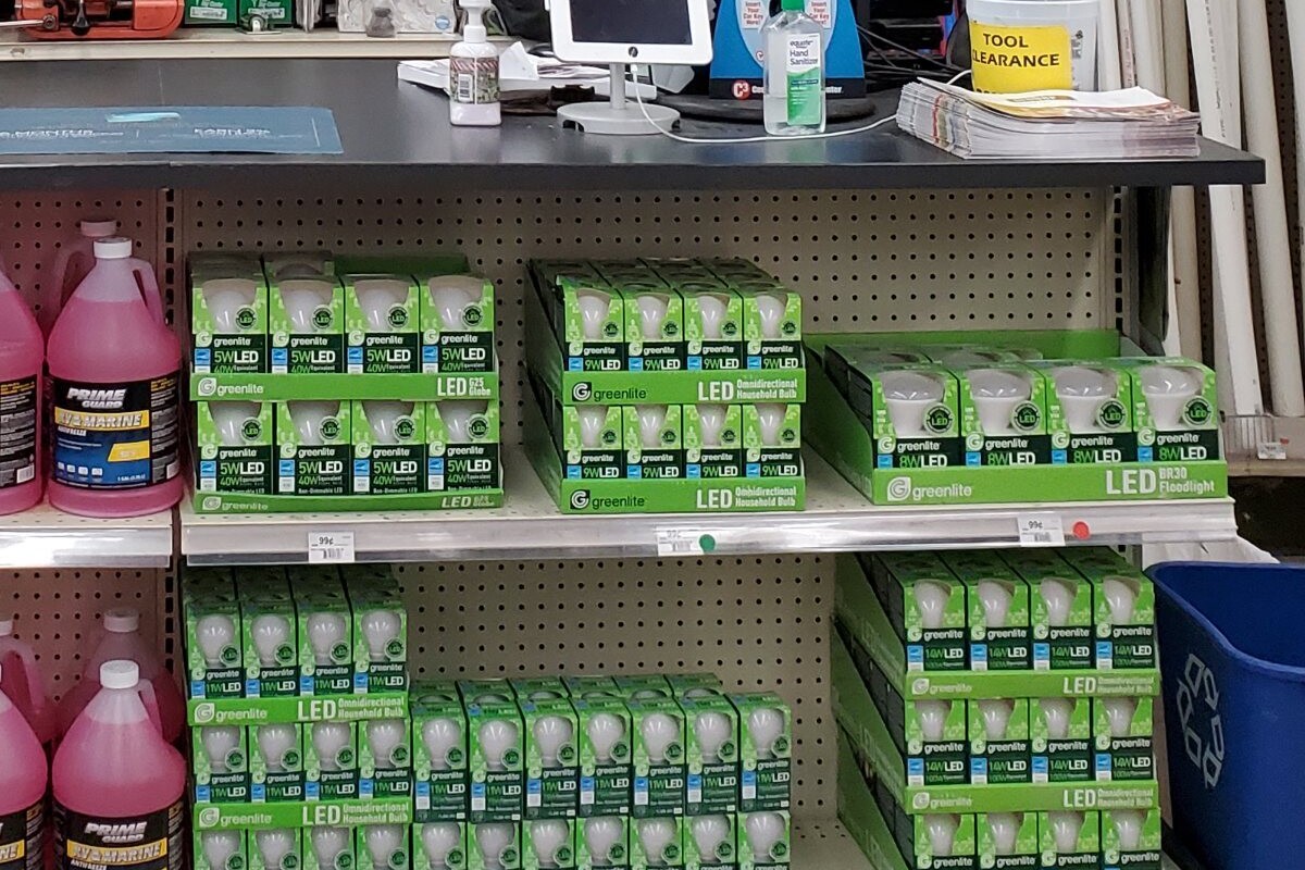 LED light bulbs for sale on a store shelf