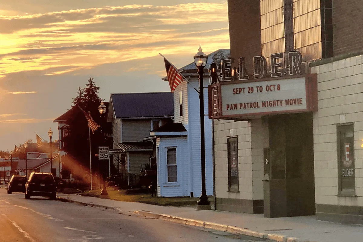 a movie theatre in the downtown area of Jackson Center, Ohio.