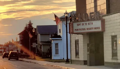 a movie theatre in the downtown area of Jackson Center, Ohio.