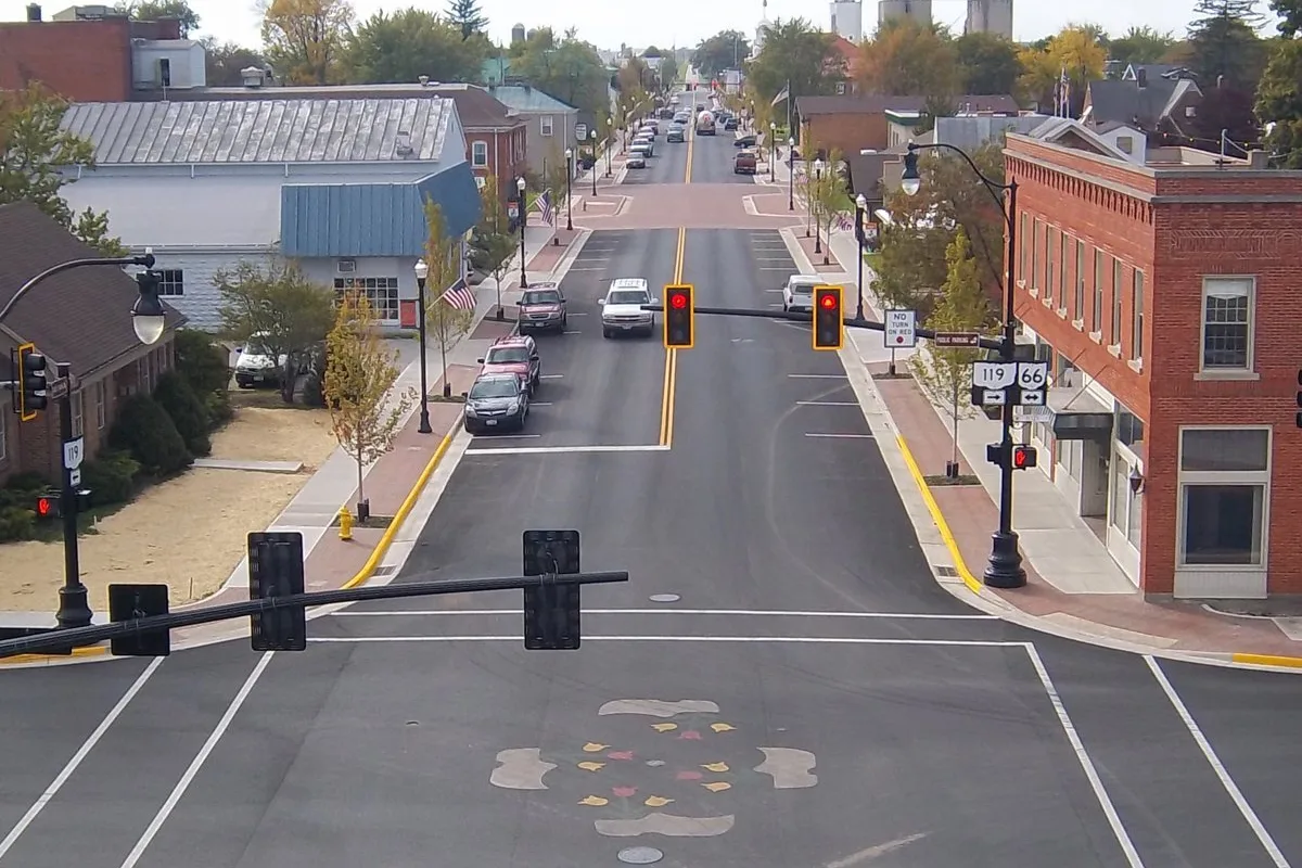 a birds eye view of a main street in Minster, Ohio.