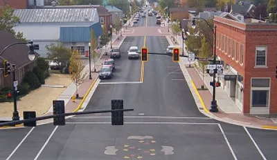 a birds eye view of a main street in Minster, Ohio.