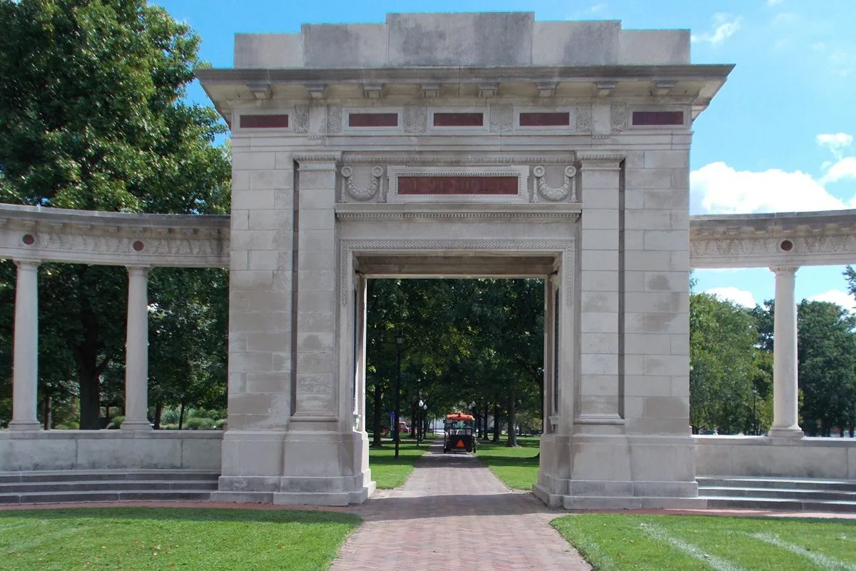 a stone Memorial archway in Oberlin, Ohio.