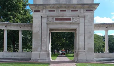 a stone Memorial archway in Oberlin, Ohio.