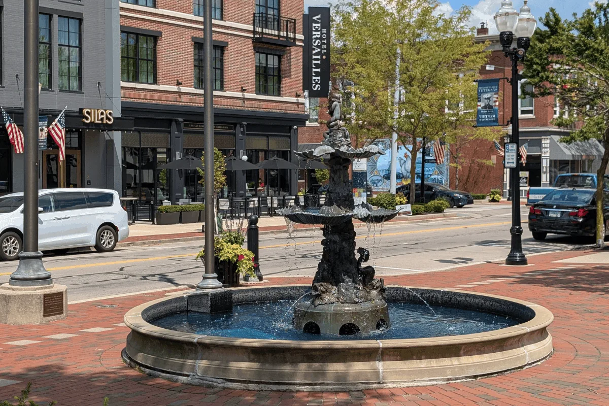 a fountain in the downtown area of Versailles, Ohio.